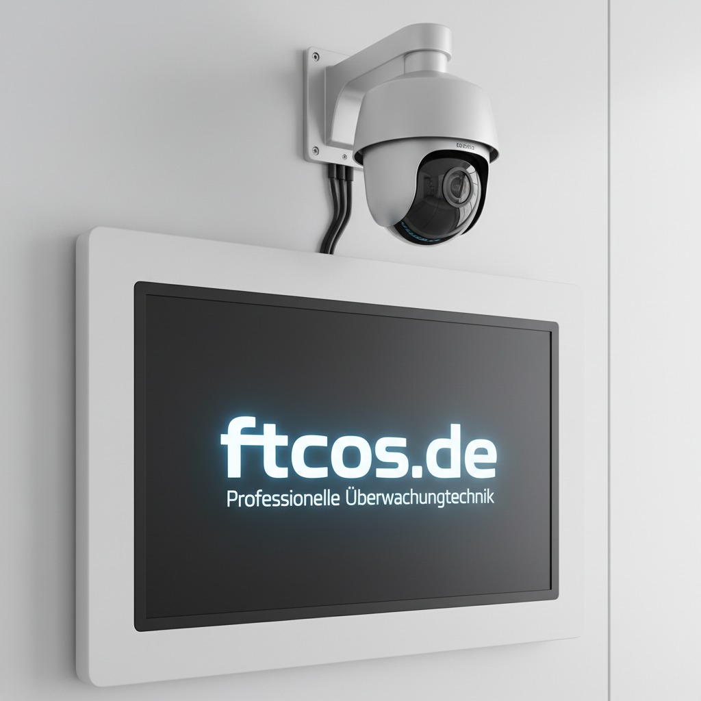 Eine Überwachungskamera ist über einem Bildschirm montiert, auf dem das Logo und der Schriftzug von ftcos.de zu sehen sind.
